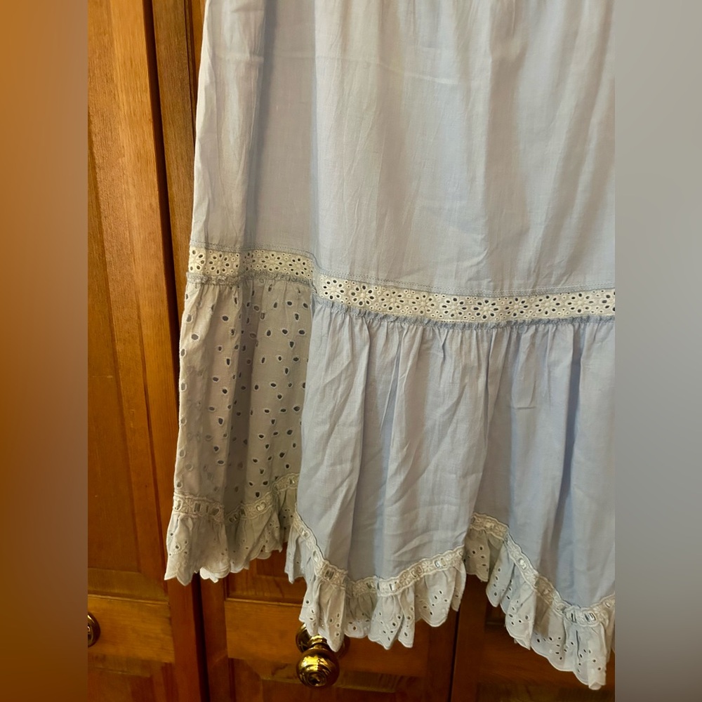 Embroidered Light Blue Maxi Skirt with Eyelet Trim - Picture 3 of 11